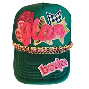Glam Brand Green Hat with Pink "Glam" and "Boujee" Text and Gold Chain Detailing
