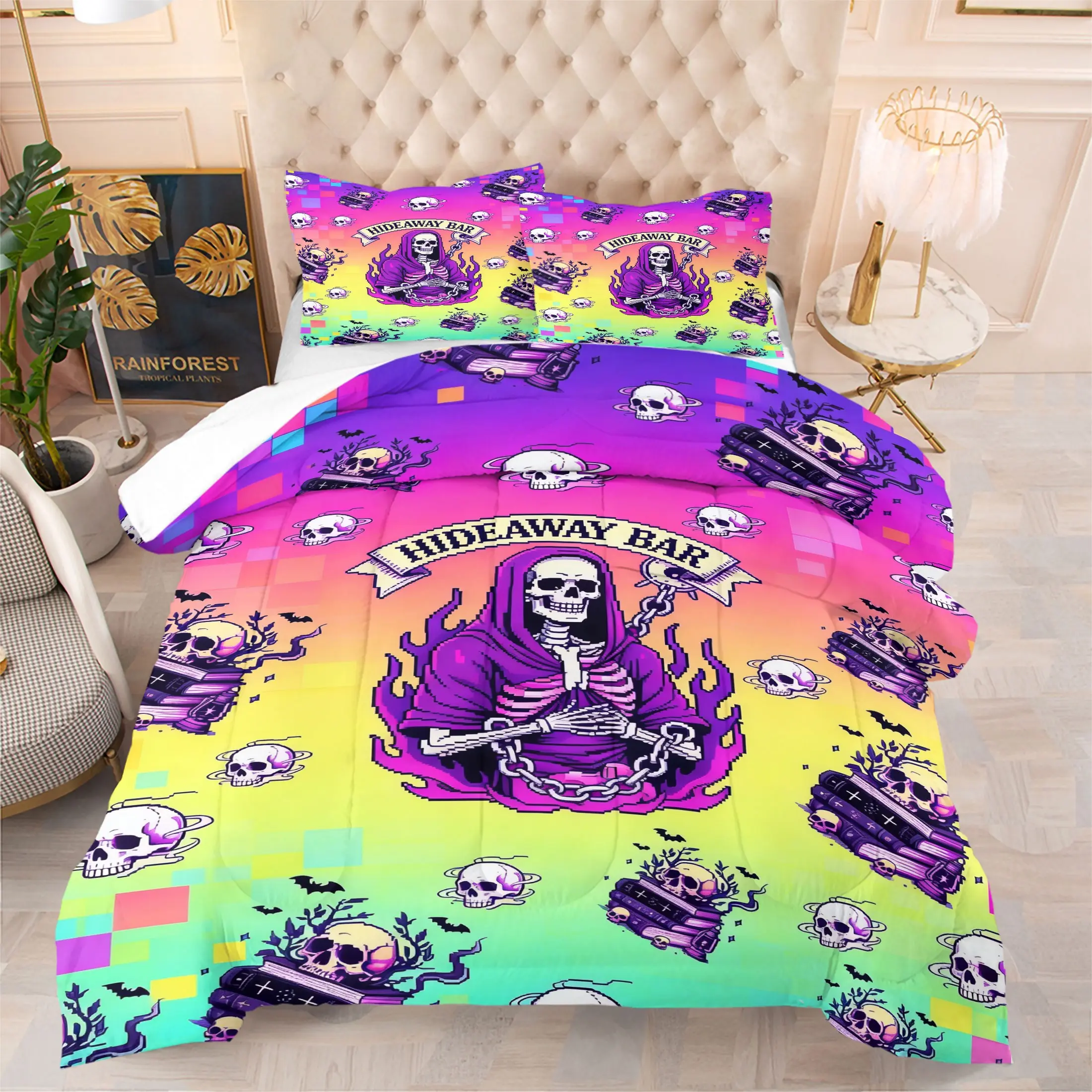Rainbow Gradient Gothic Skull Comforter Set,Includes 1 Comforter & 1-2 Pillowcases,Bar Pixel Grim Reaper Print Bedding Set,Soft Durable Microfiber Bedding for Teen Bedroom Dorm Guest Room Decor,Great Gift for Gothic Aesthetic & Skull Art Fans
