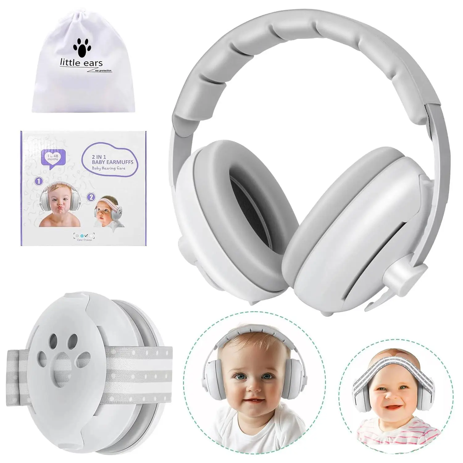 2 in 1 Baby Ear Protection Noise Cancelling Headphones for Babies with Adjustable Headband Noise Reduction Earmuffs for Infant and Toddlers Travel
