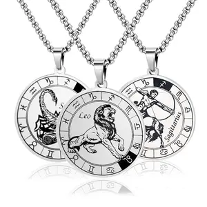 Zodiac Signs Pendant Necklace for Women Men 12 Constellation Stainless Steel Chain Gift for Astrology Jewelry Birthday Long summervibes 316L Steel Shiny Silver Gold Plated 60cm Adjustable Chain