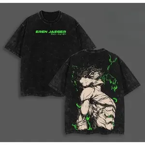 Eren Yeager Attack on Titan Graphic Tee – Oversized Acid-Washed Heavyweight Cotton Anime Shirt, Soft Manga Unisex Streetwear Top, Trendy Menswear for Casual, Party, Convention, and Anime Fans