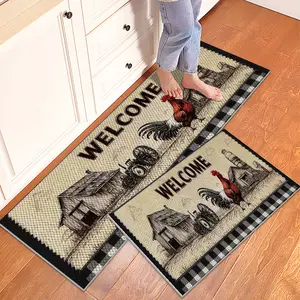 1/2/3PCS Farmhouse Kitchen Rugs,Welcome Rooster Pattern Home Decor,Pineapple Texture Design Floor Mat, Washable Non-Slip Kitchen Runner Rug-16"X24"+20"X32"+20"X47"
