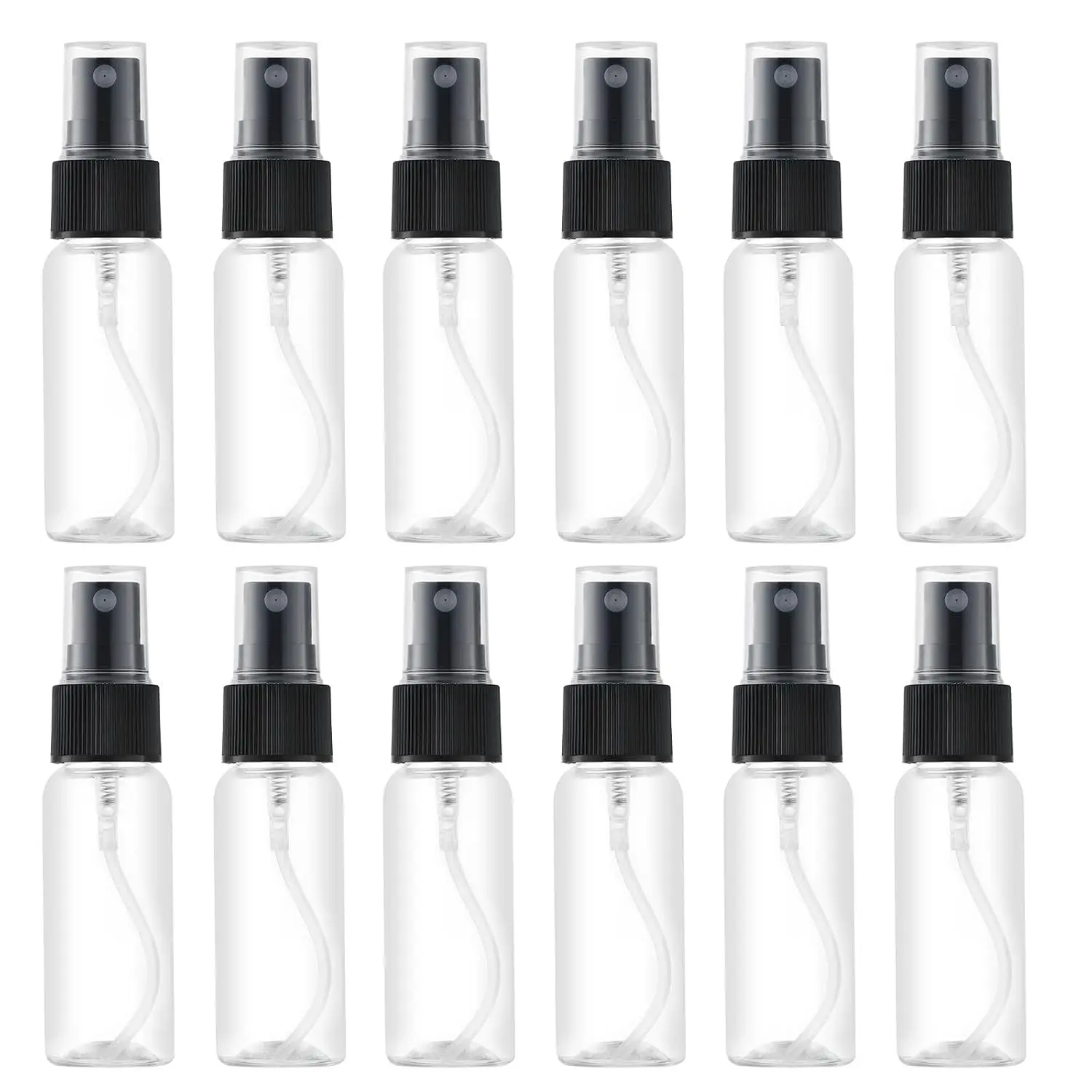 LISAPACK 1oz Small Plastic Spray Bottle (12 Pack) Empty Mini Fine Mist Travel Size Atomizer, Tiny Sprayer for Little Perfume, Water, Cologne, Alcohol, Samples (Clear, 30ml)