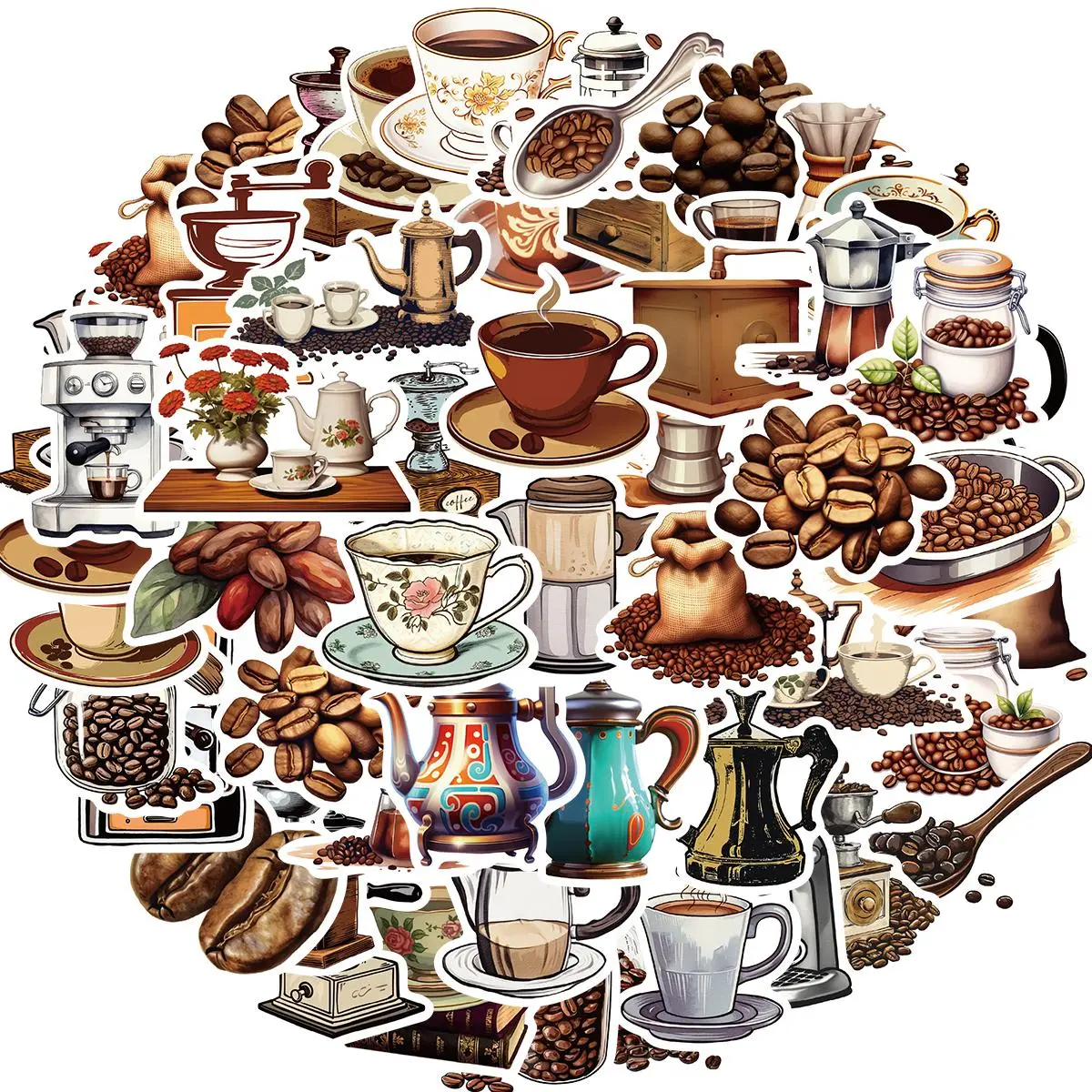 Coffee Themed Sticker, 50pcs/set Coffee Pattern Decorative Sticker, DIY Decals for Water Bottle, Laptop, Phone Case, Scrapbooking, Journal Making, Ornaments