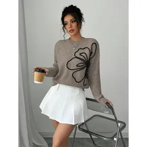 New Fashion Sweater Autumn Winter, Floral Embroidered Design Casual Round Neck Pullover Knitwear, Stylish Women's Clothing, Womenswear