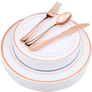 40pcs Rose Gold Plastic Disposable Dinnerware Set, Modern Tableware Sets, Wedding Party Use, Includes 8 Main Plates, 8 Salad Plates, 8 Forks, 8 Knives, 8 Spoons
