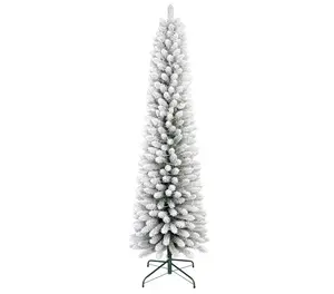 【GARVEE】Flocked Christmas Tree in 6FT and 7.5FT sizes with snow-covered green and white design, sturdy metal stand, ideal for indoor and outdoor festive decor in homes and offices