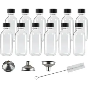 12 Pack 2 oz Glass Shot Bottles with Caps,Clear Round Small Glass Ginger Shot Bottle With Lids, 60ml Mini Travel Essential Bottles Suitable for DIY Juice,Potion, and Other Drinks