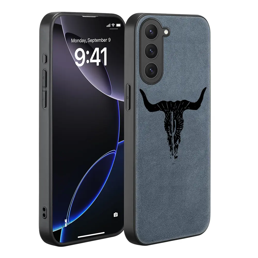 Luxury artificial leather phone case Cover for Samsung S25FE/S25edge/S24 Ultra/S24+/S23FE/S22plus/S21FE/S20/note10/note20ultraprotective, high-quality, Longhorn Skull, Accessories