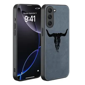 Luxury artificial leather phone case for Samsung S25FE/S25edge/S24 Ultra/S24+/S23FE/S22plus/S21FE/S20/note10/note20ultraprotective, high-quality, Longhorn Skull
