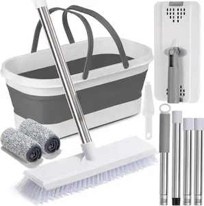 Flat Mop and Bucket Set with Heavy Duty Scrub Brush, 2 Washable Reusable Microfiber Pads, for Tile Hardwood Wall Cleaning, Ideal for Home Indoor Outdoor Cleaning (White-Gray)