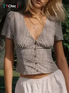 Women's Plaid Print V Neck Short Sleeve Blouse, Casual Curved Hem Top for Summer, Fashion Women's Top for Daily Wear, Casual Classy Top