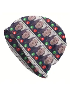 Unisex John Pork Beanie Fitted, Repeating "Is Calling" Text Stripe Digital Printed Hat, Viral Pig Man Meme Gift