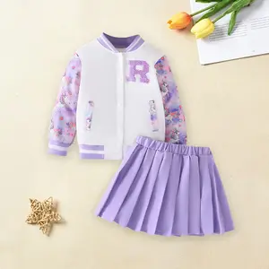 Little Girls Fall Outfits Letter Embroidered Button Up Long Sleeve Baseball Jacket and A Line Pleated Skirt 2 Pcs Set