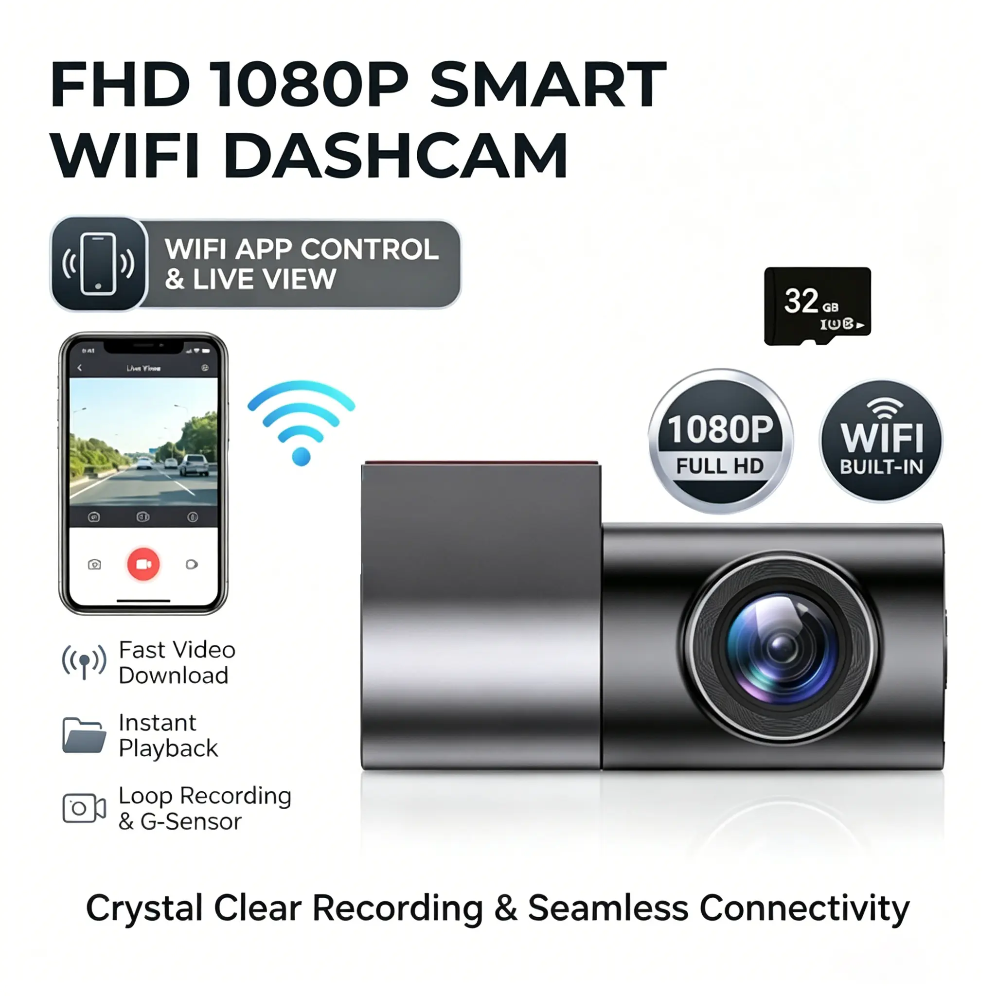 High-definition 1080p hidden dashcam featuring an adjustable dashboard camera, Wi-Fi mobile app viewing, and a free 32GB memory card Hd Dash Cam Video Dashcam