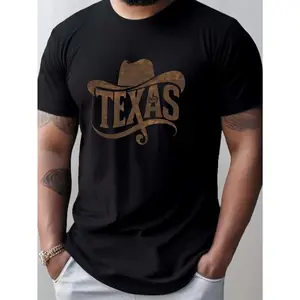 Men's Texas Western Font Graphic T-Shirt - Cowboy Hat & State Lettering Print, 100% Breathable Lightweight Tee for Outdoor Sports, Casual Wear, All-Season Comfort - Black with Golden Texas Design, Regular Fit Round  Tshirt Crewneck Menswear
