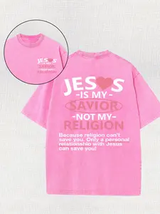 valentine shirts Jesus is my Savior, God, Religion, 230g High Quality Double-Sided Print Crew Neck Short Sleeve T-Shirt, Vintage Wash, Everyday Casual, 100% Cotton, Crew Neck, Loose Version.