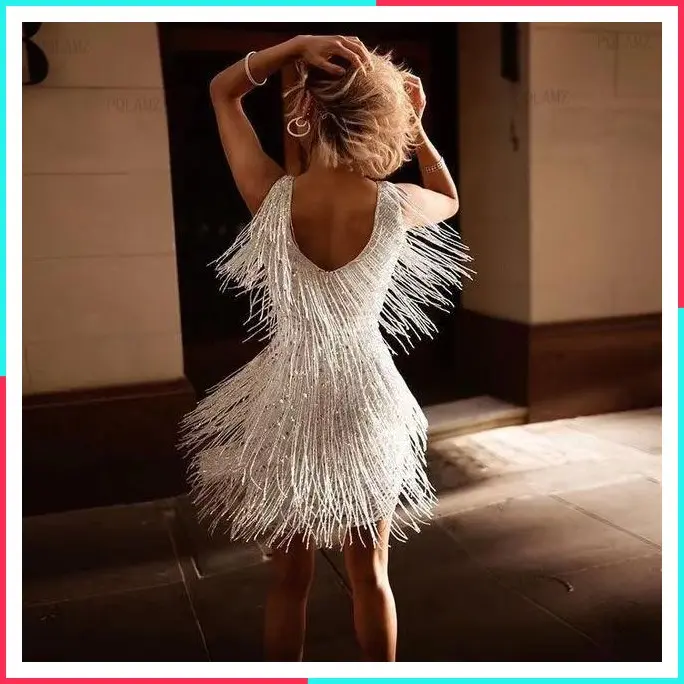 2025 Low-Cut V-Neck Sexy Sleeveless Fringe Dress for Parties & Gatherings