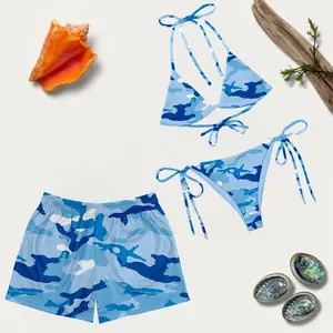 Light Blue Camo Couple Swimwear Set, His Hers Bikini Board Shorts Matching Couple Swimwear Set