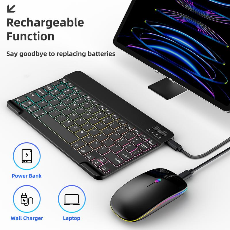 Compact & Portable Multicolor Keyboard & Mouse Set, Slim Wireless Bluetooth Keyboard, Ideal for iPad, Tablet, Laptop | Office & Home Use