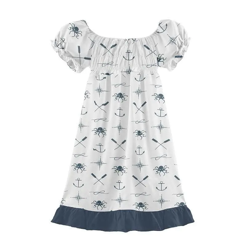 Print Bamboo Gathered Dress - Natural Captain and Crew