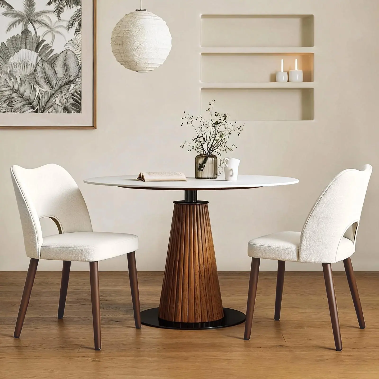 Wooden Dining Chair Set of 2, Modern Fabric Upholstered Dining Room Chairs Farmhouse Dining Room Chair with Hollow Back/Adjustable Foot Pegs for Dining Room, Living Room, White