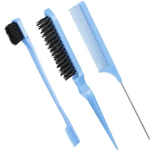 3 Pcs Slick Back Hair Brush Set Bristle Brush Edge Control Teasing Comb for Women Black Hair(Light Blue)