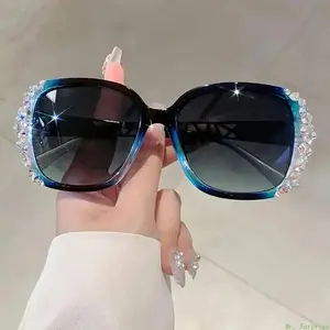 Women's Oversized Semi-Rimless Polarized Lens Sunglasses - Female Diamond Studded, Blue Light Blocking, Gradient Lens Eyewear, Stylish Accessory for Street Photography