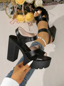 Colorblock Design, Thick Sole Waterproof Platform, Chunky Heel, Velcro Strap, Open Toe, Casual PU Leather Shoes