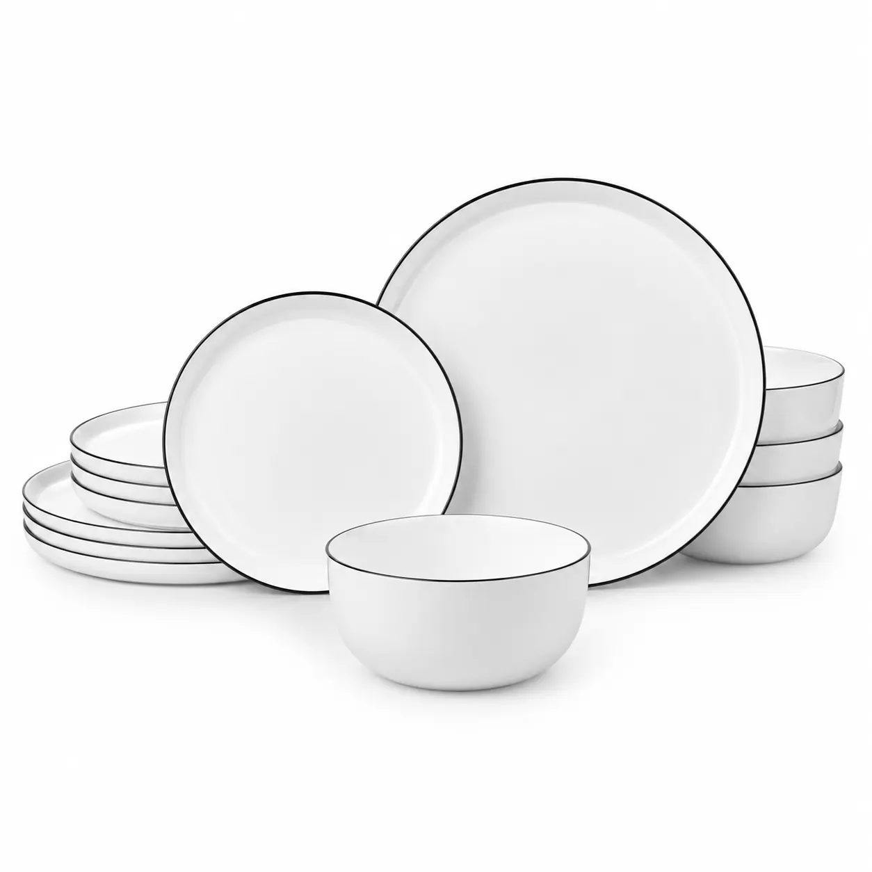 Minimalist Black-Rim White Porcelain Tableware Set - BPA-Free, Dishwasher-Safe, Stackable Plates and Bowls for Adult Traditional Home Dining (1-5 People)