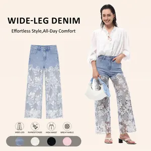 Women's high waist rhinestone jeans, hollow lace embroidery spliced, high stretch wide leg denim pants, summer style