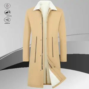 A khaki colored long trench coat with a white fuzzy collar, providing excellent warmth. It features both zipper and button closures to enhance windproofness. There are zipper pockets on both sides, convenient for storing small items. Suitable for wearing