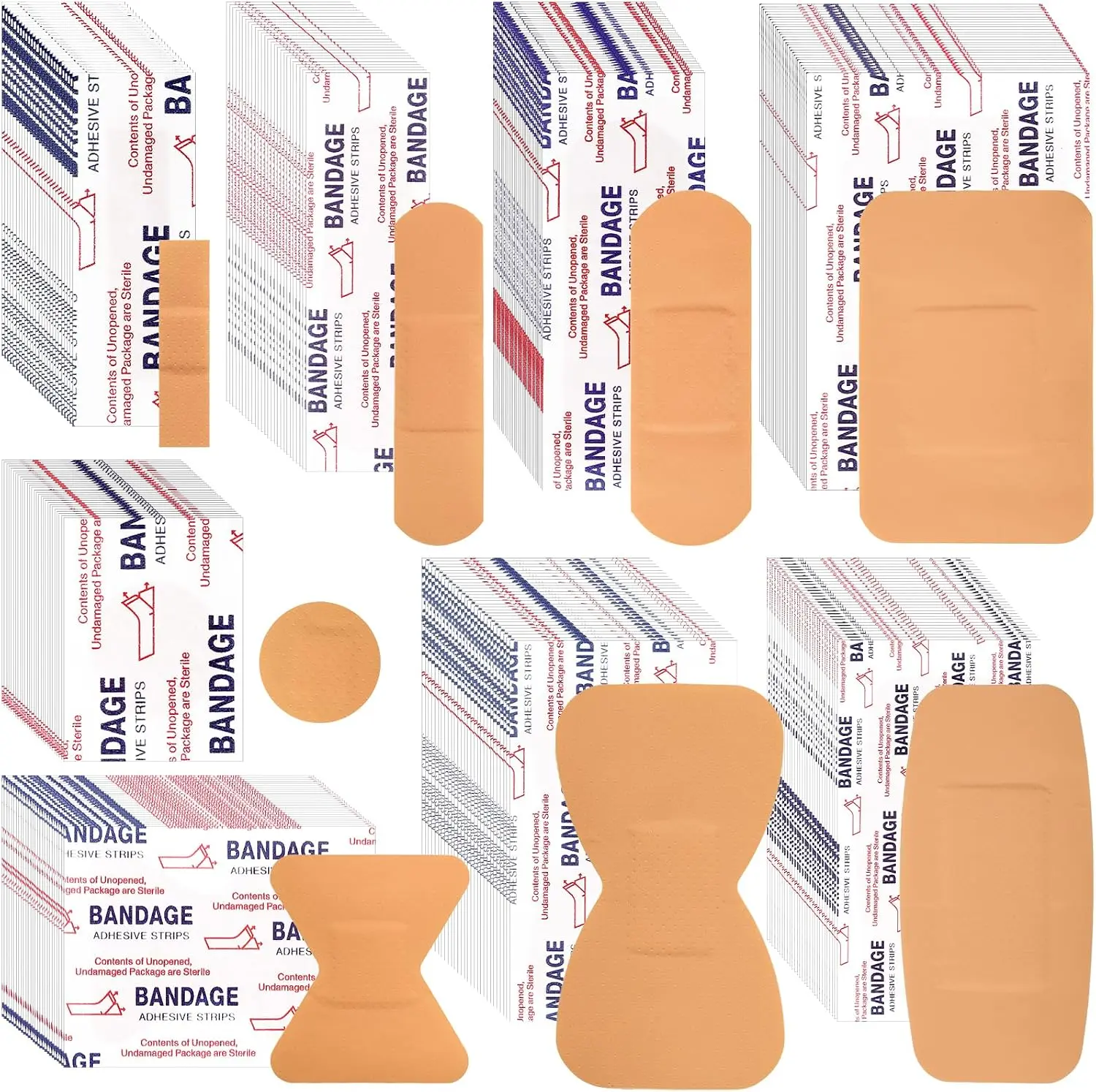 50pcs Assorted Adhesive Bandages 8 Shapes Variety Pack - Mixed First Aid Kit Refill, Waterproof Sterile Breathable Flexible Wound Dressing for Knee Elbow Finger Joint Latex-Free
