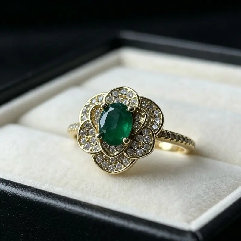 <PingEast jewelry > Emerald ring504----925 sterling silver camellia ring set with 3×4mm natural Colombian emeralds, comes with certificate