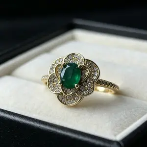 <PingEast jewelry > Emerald ring504----925 sterling silver camellia ring set with 3×4mm natural Colombian emeralds, comes with certificate