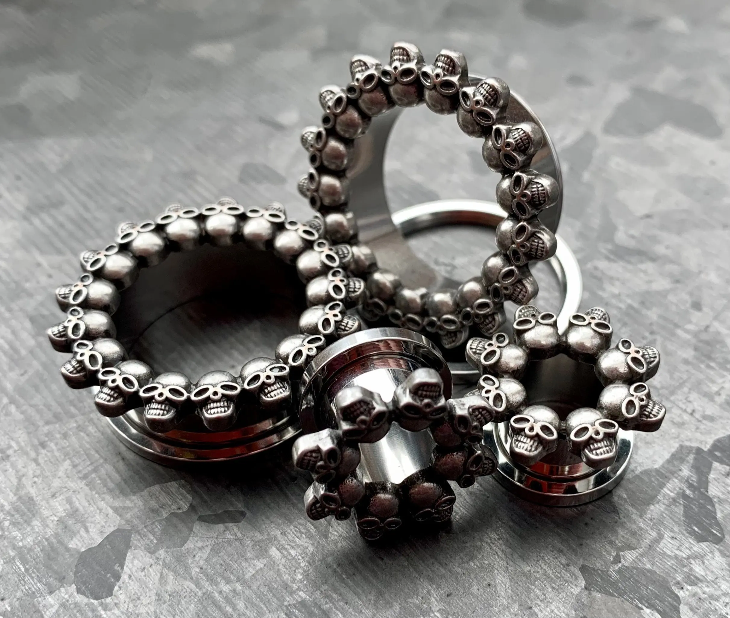PAIR of Unique Skull Rimmed Screw Fit Stainless Steel Tunnels / Plugs - Gauges 2g (6mm) thru 1" (25mm)