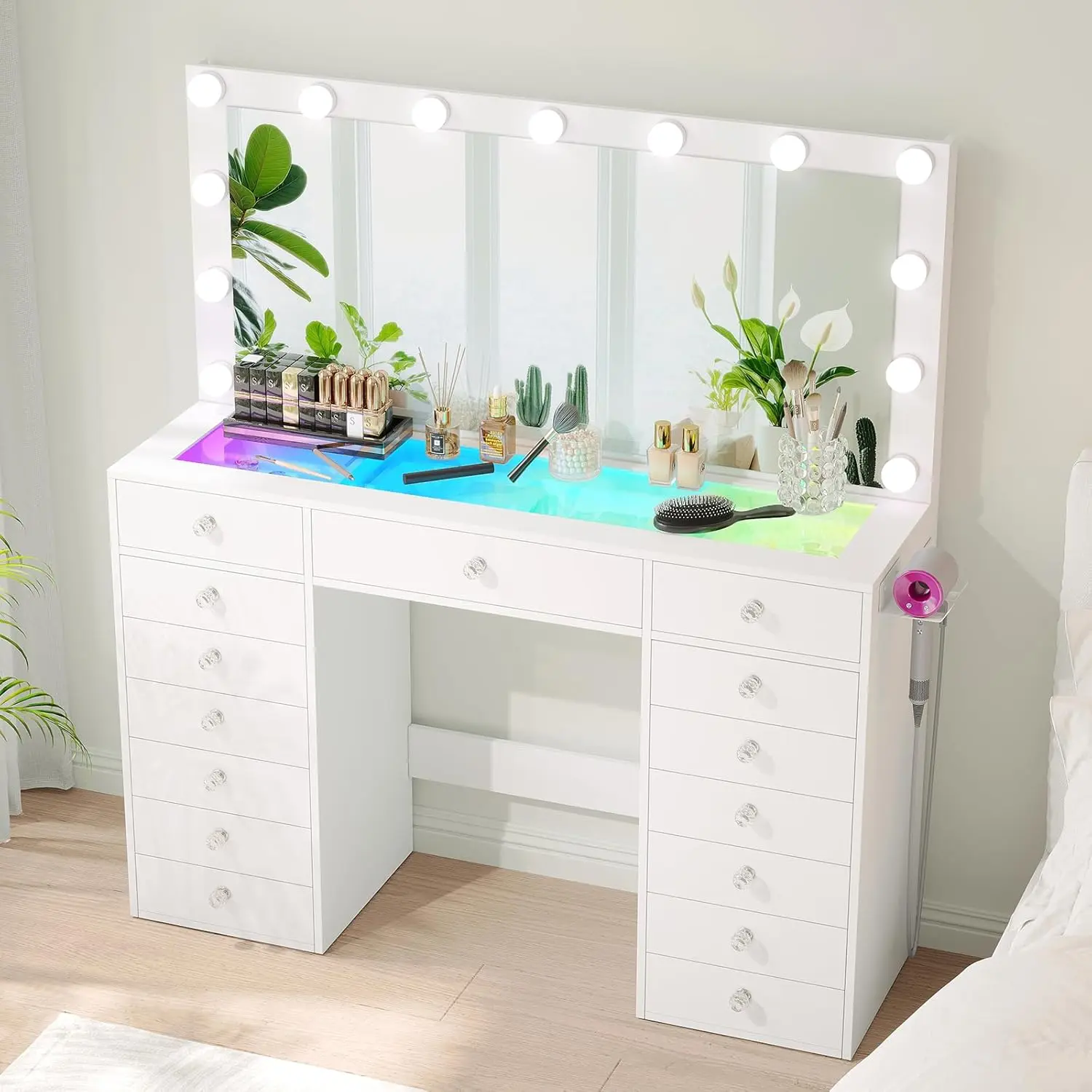 VOWNER 52" White LED Makeup Vanity Desk - Indoor Furniture with Lighted Large Mirror, Tempered Glass-Top, Smart RGB Lighting, 15 Drawers for Bedroom (No Stool) | RGB, Glass-Top, Drawer-Equipped, Color-Adjustable Makeup Vanities