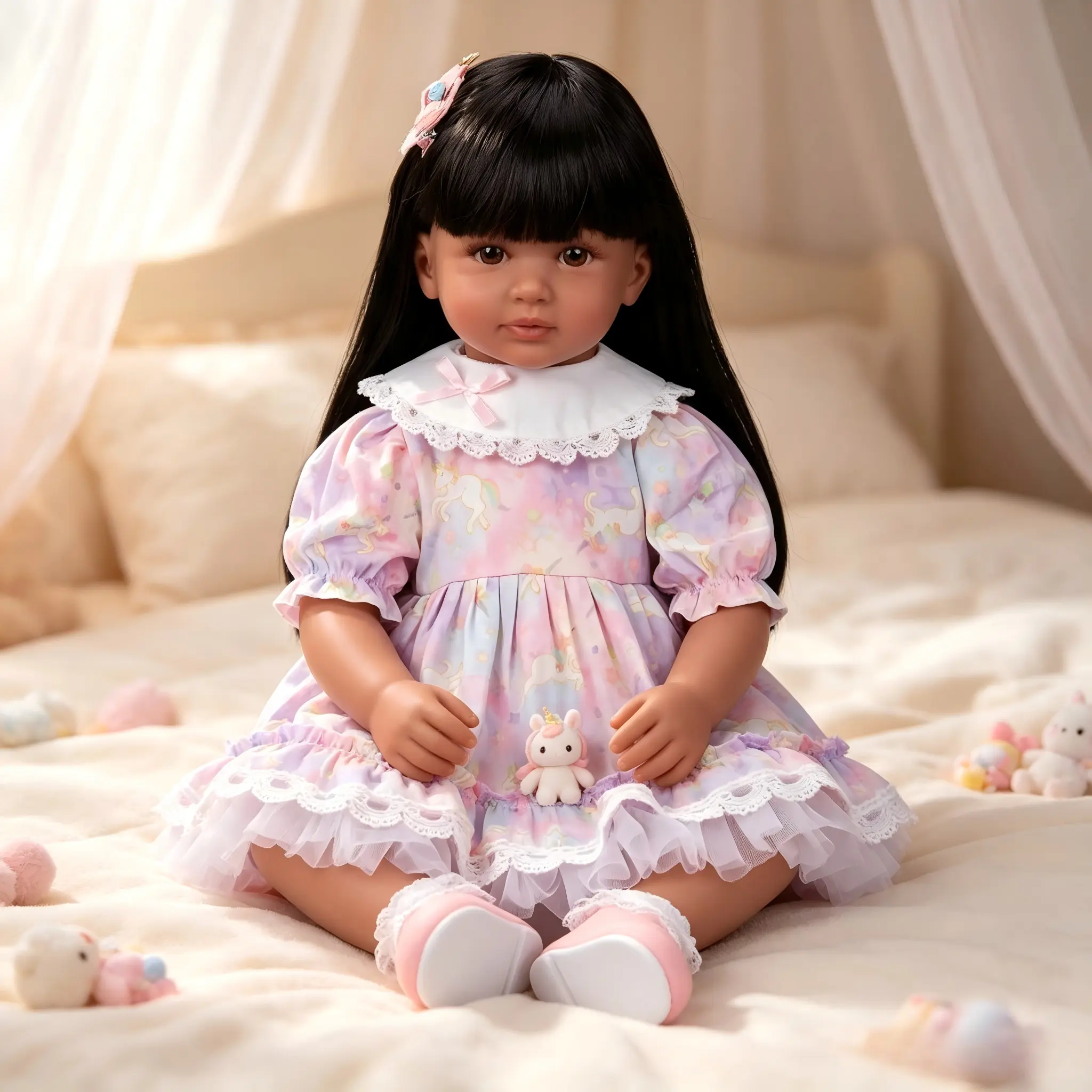 24 Inch Realistic Reborn Baby Doll with Dark Skin & Soft Cloth Body – Brown Eyes, Removable Wig Hair, Unicorn Rainbow Dress, Includes Pink Pacifier & Bottle, Perfect Gift for Kids