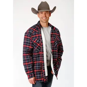 Mens Red And Navy Plaid Flannel Sherpa Lined  Snap Western Shirt Jacket - T