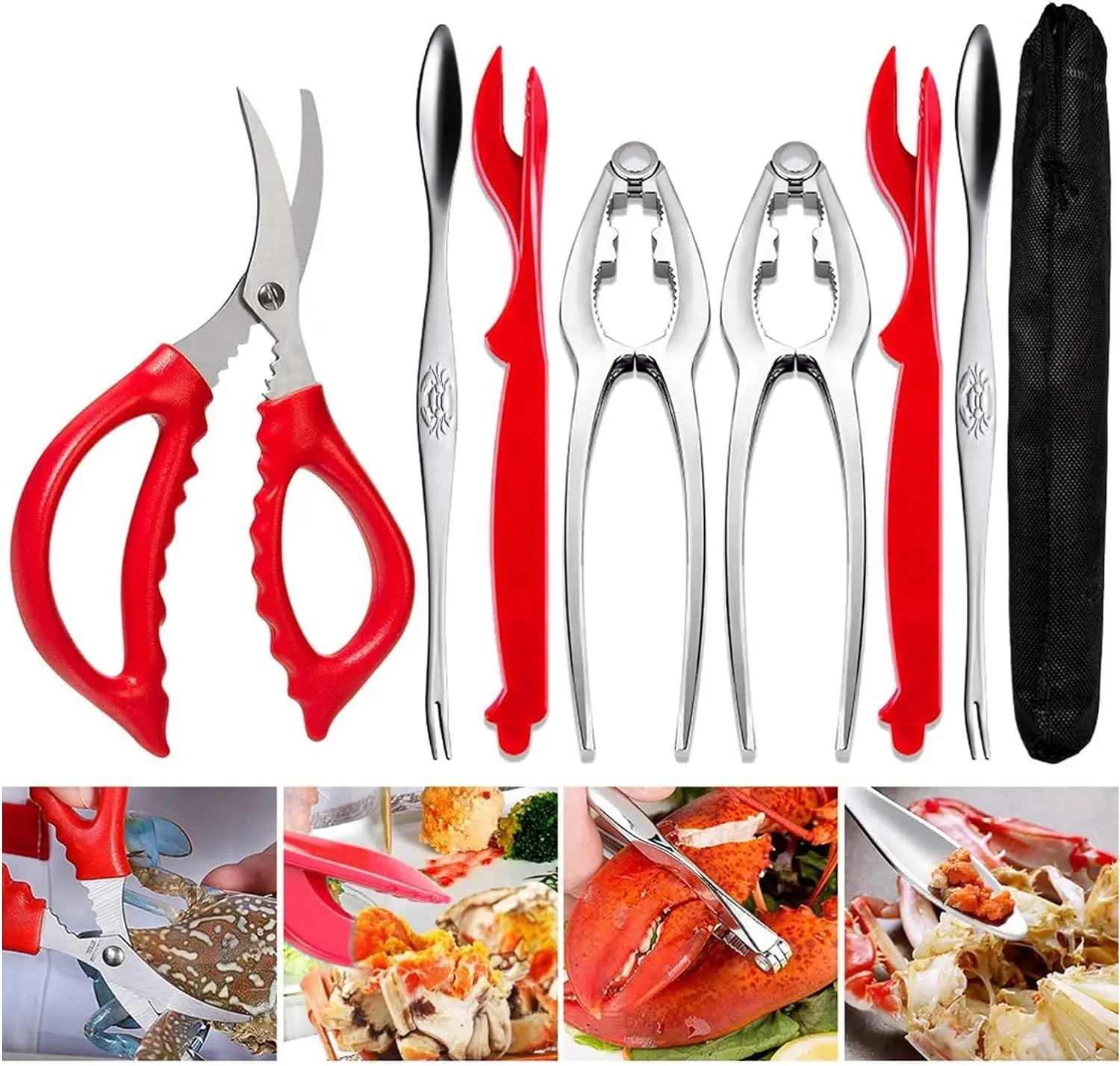 Sturdy 7-Piece Thick Zinc Stainless Steel Kitchen Utensils Set - 15cm Easy-Grip Anti-Slip Hot Plate Grippers, Crab Leg Crackers (Crab Leg Shape), Shellfish Picks, Lobster Forks, Functional Plastic Scissors for Versatile Use, Birthday Gift Ideas