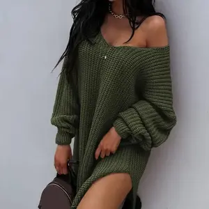 Women's slit hem drop shoulder sweater, new autumn and winter knitted top, can be worn as a skirt, one-shoulder sweater, deep V-neck top, personality often women's clothing，Engagement Bride Crewneck Sweatshirt