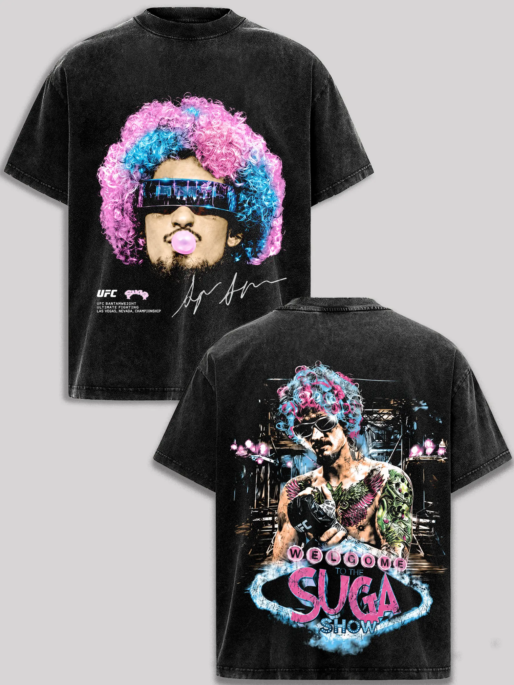 Sean O'Malley Vintage Washed T-Shirt Suga Show UFC MMA Fighter Graphic Tee Oversized Heavyweight Cotton Black Wash Tee men