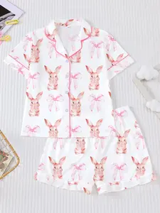 Easter Bunny Bow Collar Cardigan Set, Cute All over Print Short Sleeve Shirt and Elastic Waist Shorts, Comfortable Kids Homeewear Pajama Set, Pajama Pattern