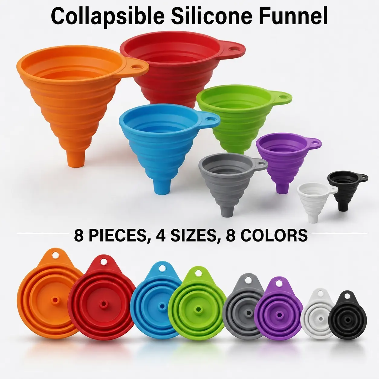 8Pcs, 4 Sizes Kitchen Funnel Set, Food Grade Silicone Collapsible Funnel, Funnels for Kitchen Use Filling Bottles, Canning, Cooking, and Water Powder Transfer