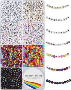 1600 Pcs Letter Beads Kit, 6 Styles of Colorful Alphabet Beads, Number Beads Smiley Face Beads Heart Beads and a Roll of Elastic String for DIY Jewelry and Bracelet Making