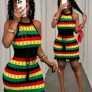 Women’s Rasta Color Hollow-Out Backless Tie Side Vacation Casual Lightweight Knit Dress. Jamaican colors crochet  summer  dress