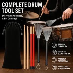 Drum Sticks Set – 1 Pair 5A Maple Wood Drumsticks + Retractable Wire Brushes + Rods Brushes, 3-in-1 Drum Kit Accessories for Kids Adults, Rock Band Jazz Folk Students, with Portable Storage Bag