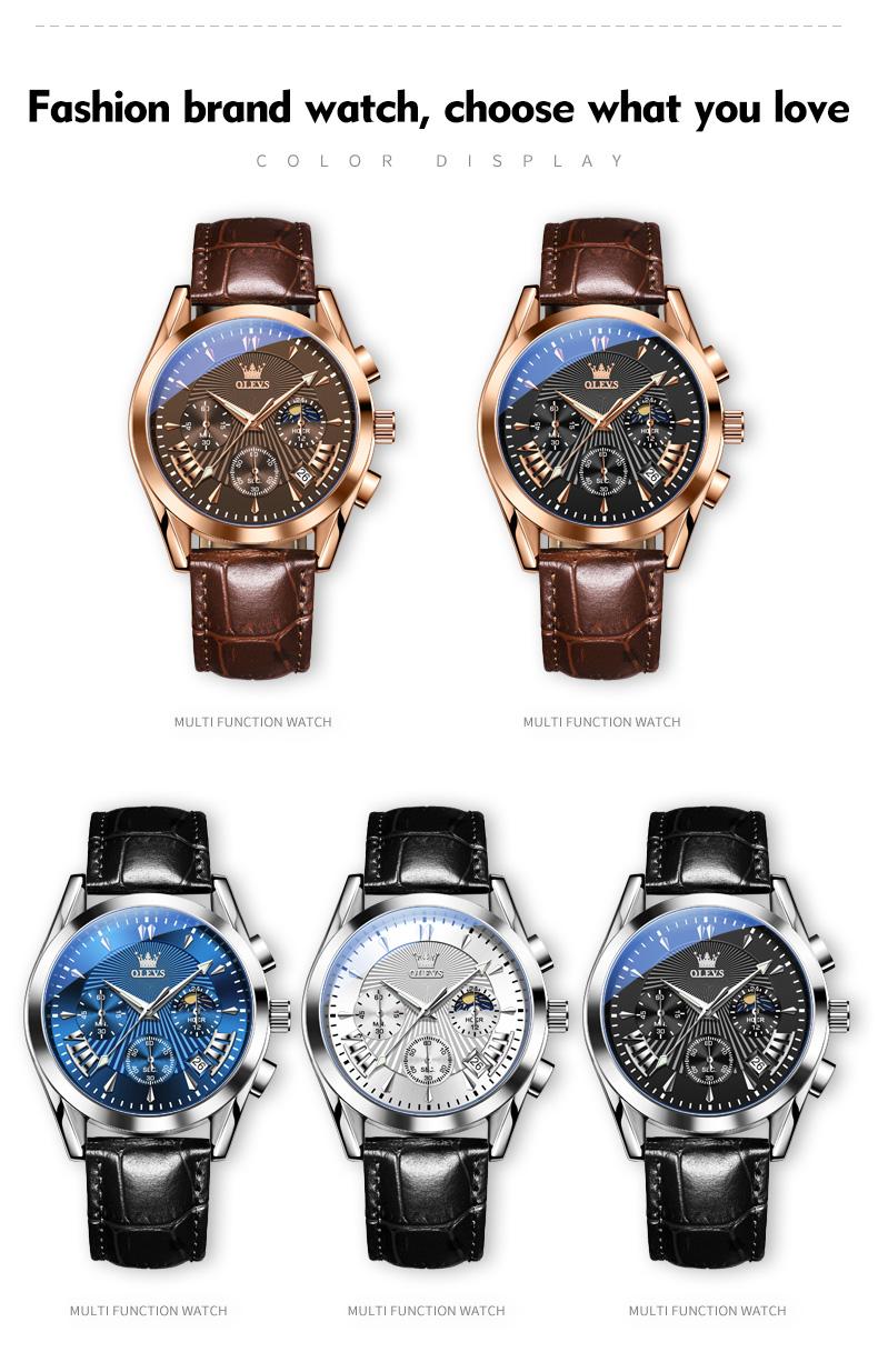 OLEVS Men’s Chronograph Watch Leather Strap Waterproof Quartz Wristwatch with Date Moon Phase Luminous Hands Business Casual Gift for Men 2876