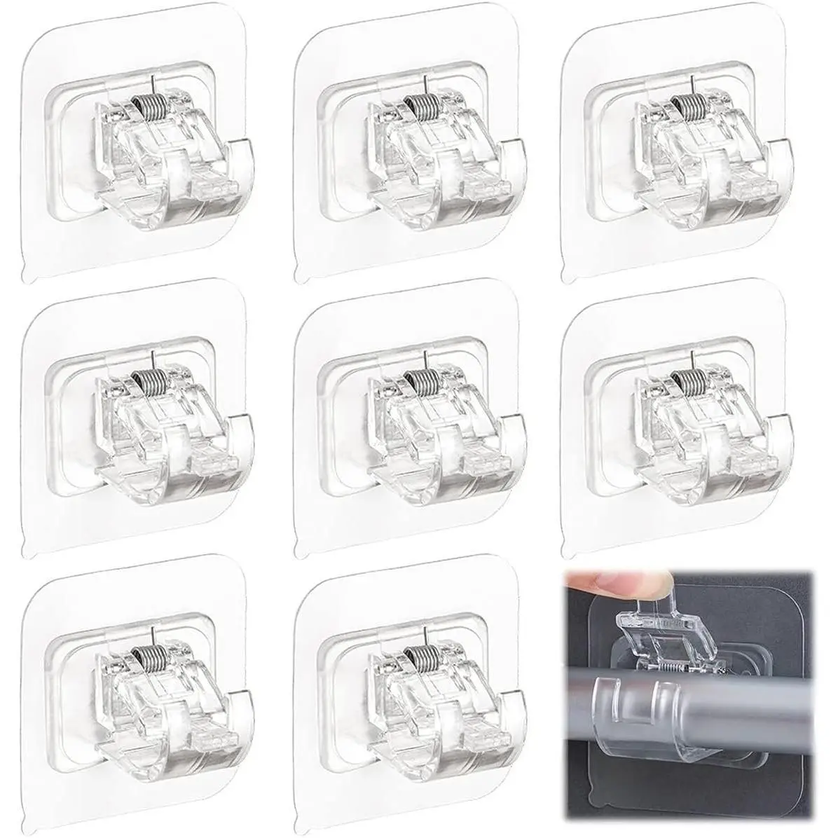 8pcs Plastic Self-Adhesive Curtain Rod Brackets - No Drilling, Smooth, Waterproof, Adjustable Surface Mount Hooks with Ceramic, Stainless, ABS Elements for Home, Bathroom Use (Transparent)