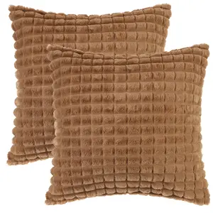 REGALWOVEN 2pcs Checkered Faux Fur Plush Throw Pillow Covers Solid Soft Fuzzy Cozy Decorative Pillowcases for Home Decor Sofa Couch Bedroom Living Room 16 x 16 Inch Brown